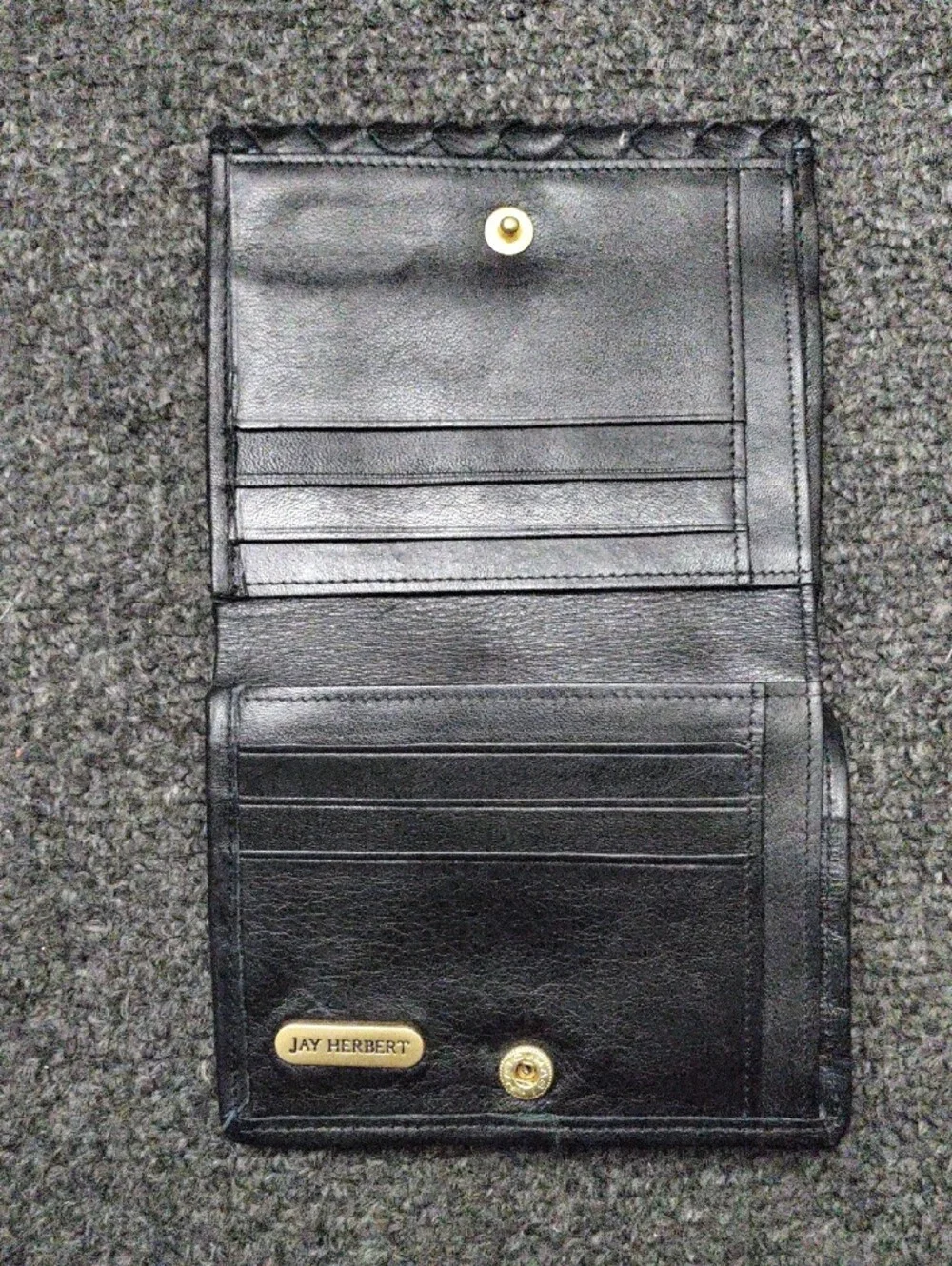 JAY HERBERT Black Woven Leather Compact Wallet with Gold Accent